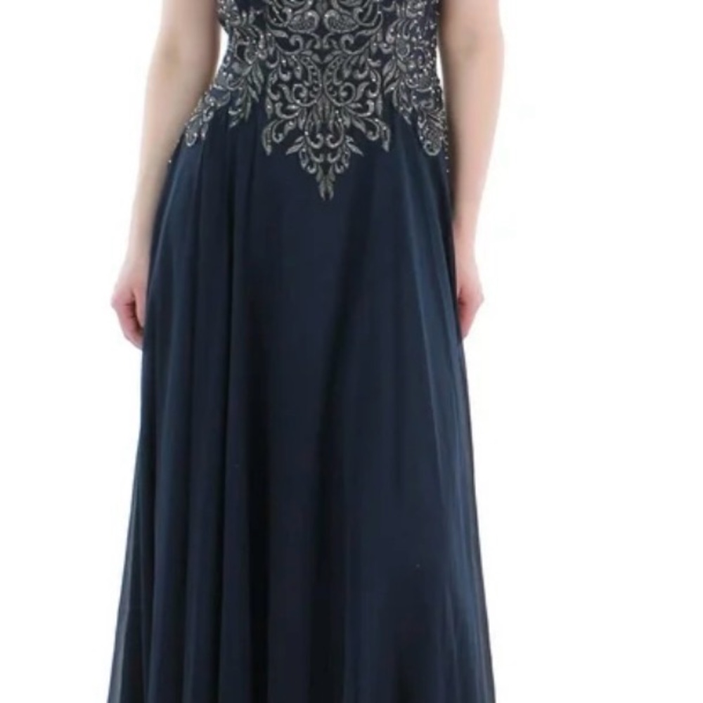 XSCAPE Formal A Line Embroidered Long Evening Gown-Navy/Gunmetal Size 6 NWT. - Picture 5 of 12